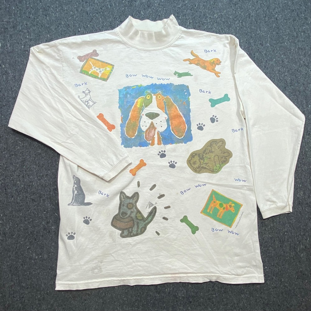 Relevant Products Shirt XL Mens White Vintage 90s Dog Art Mock Neck Long Sleeve